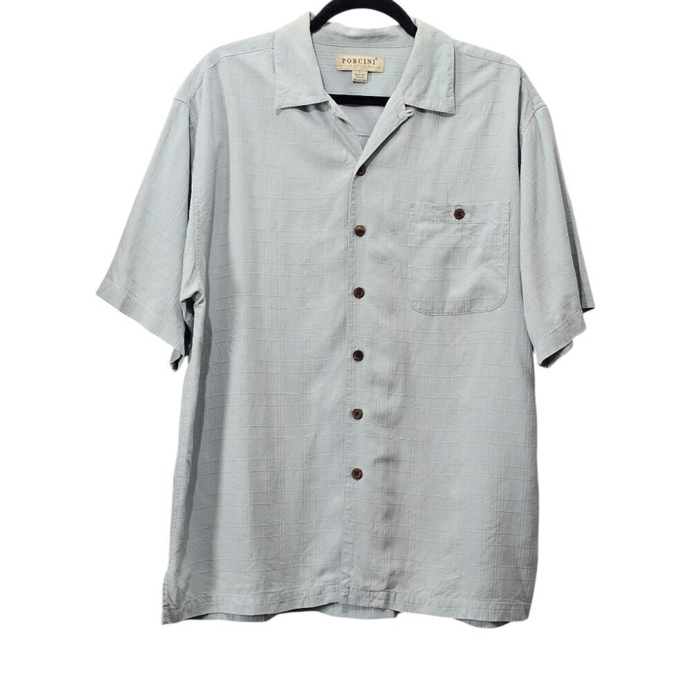 Porcini Men's 100% Silk Short Sleeve Textured Button Up Collar Blue Shirt